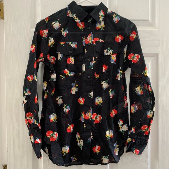 NWT Lauren Ralph Lauren Black Floral Cotton Voile Button Front Shirt - Picture 2 of 8